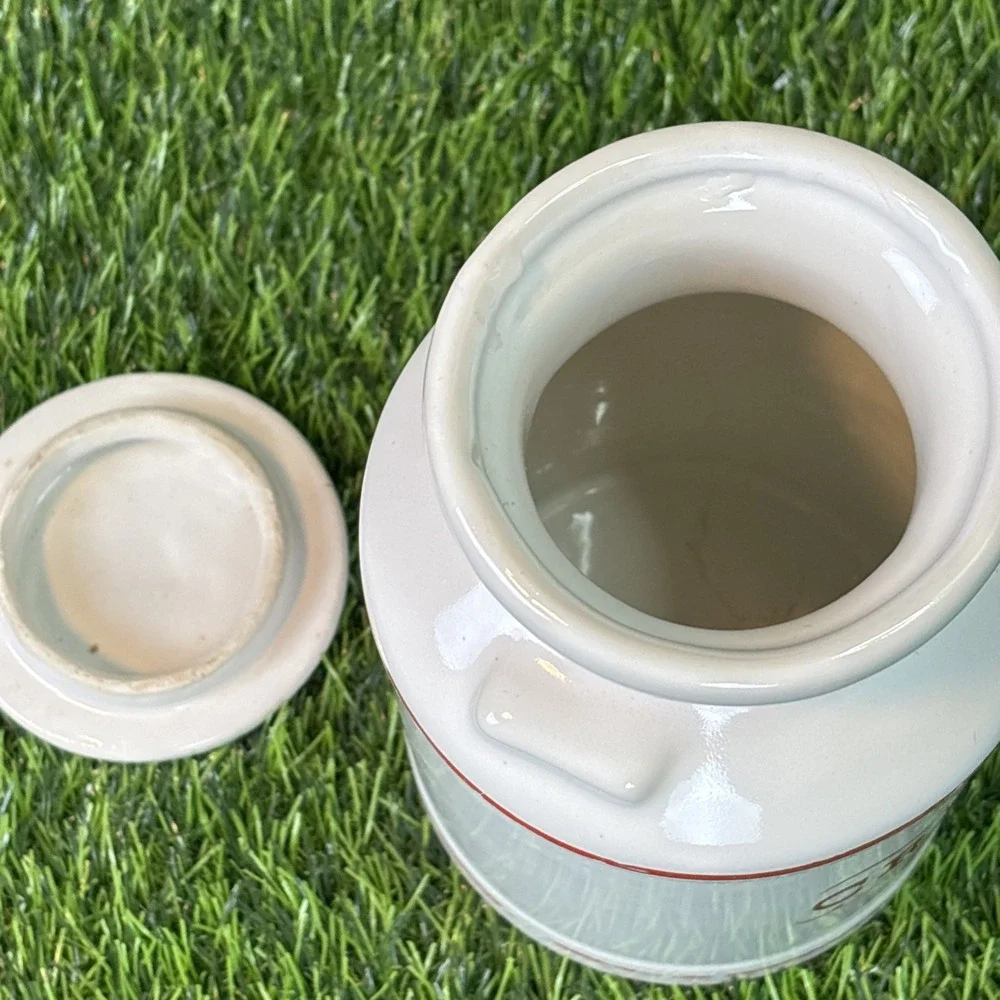 Vintage White‎ Ceramic Cream Canister Jar w Lid Red Lettering Farmhouse